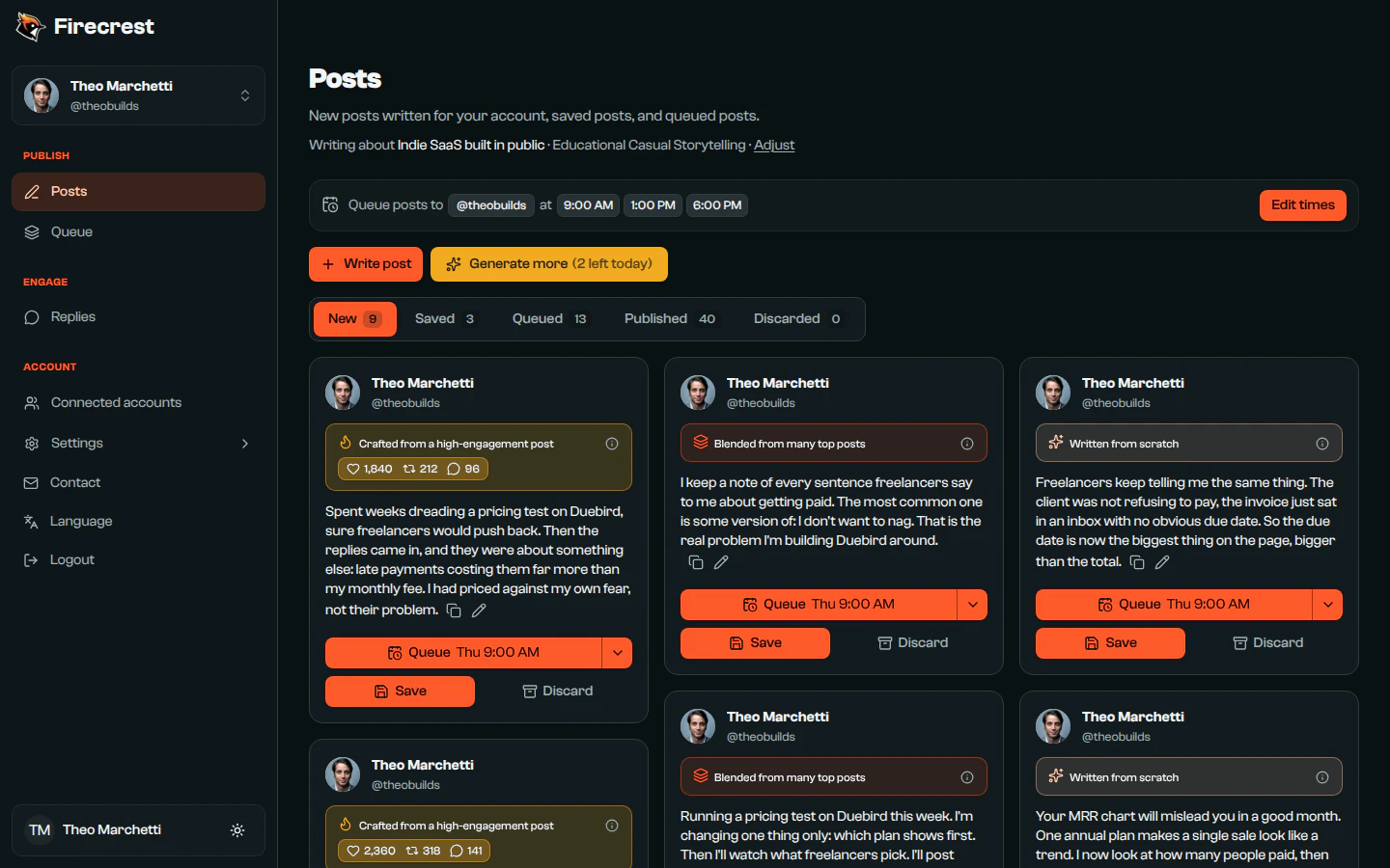 The Posts page with new posts for Theo Marchetti's account. The first was crafted from a high-engagement post and shows that post's engagement.