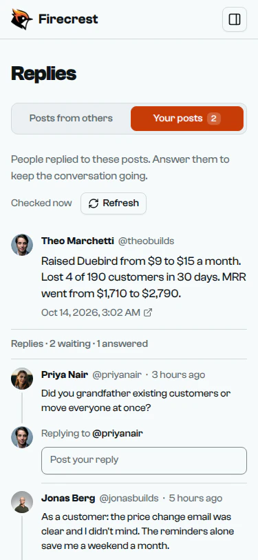 Theo's post about raising his price, with two replies waiting, one answered, and a reply box under the first.