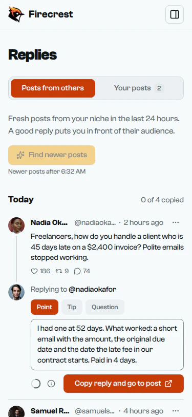 A post from @nadiaokafor about a client 45 days late on a $2,400 invoice, with a reply written underneath and ready to copy.