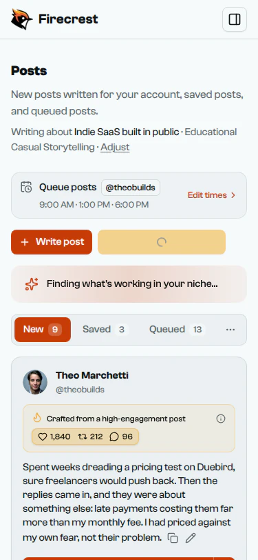 The Posts page mid-run: a spinner on the Generate button and a banner reading "Finding what's working in your niche".