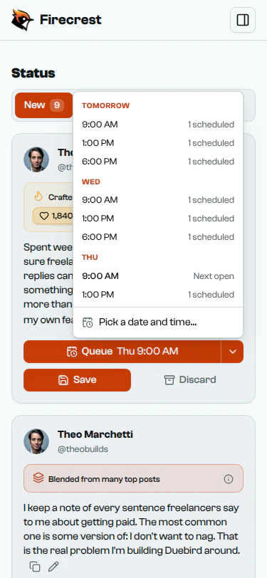 A post's posting-time menu, listing the next slots by day and how many posts each one already holds.