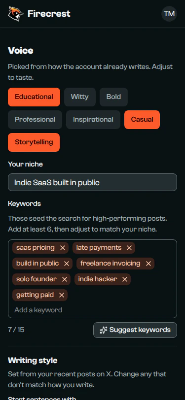 The setup form filled in from the account: Educational, Casual and Storytelling voice, the niche "Indie SaaS built in public" and seven keywords such as saas pricing and late payments.